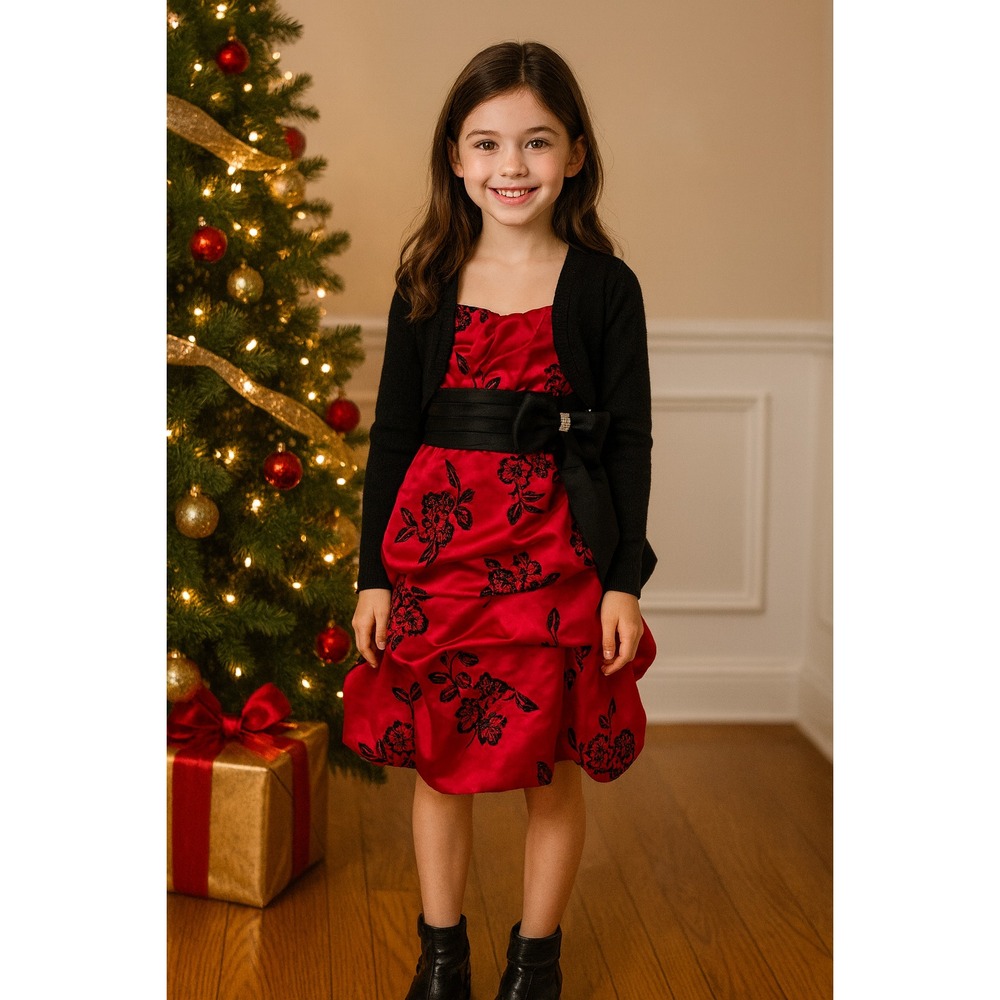 Vintage My Michelle Formal Dress Girls 10 Red Black Bow Velvet Festive Holiday